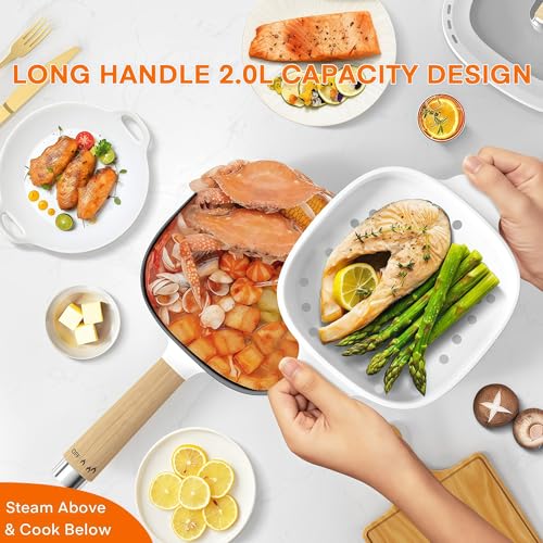 Audecook Hot Pot Electric 2L, Cermic Glaze Non-Stick Frying Pan 8 Inch, Portable Travel Cooker for Ramen/Steak/Fried Rice/Oatmeal/Soup, with Dual Power Control (Silicone Spatula Included) - Image 2