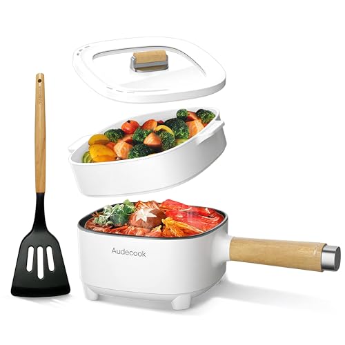 Audecook Hot Pot Electric 2L, Cermic Glaze Non-Stick Frying Pan 8 Inch, Portable Travel Cooker for Ramen/Steak/Fried Rice/Oatmeal/Soup, with Dual Power Control (Silicone Spatula Included) - Image 1