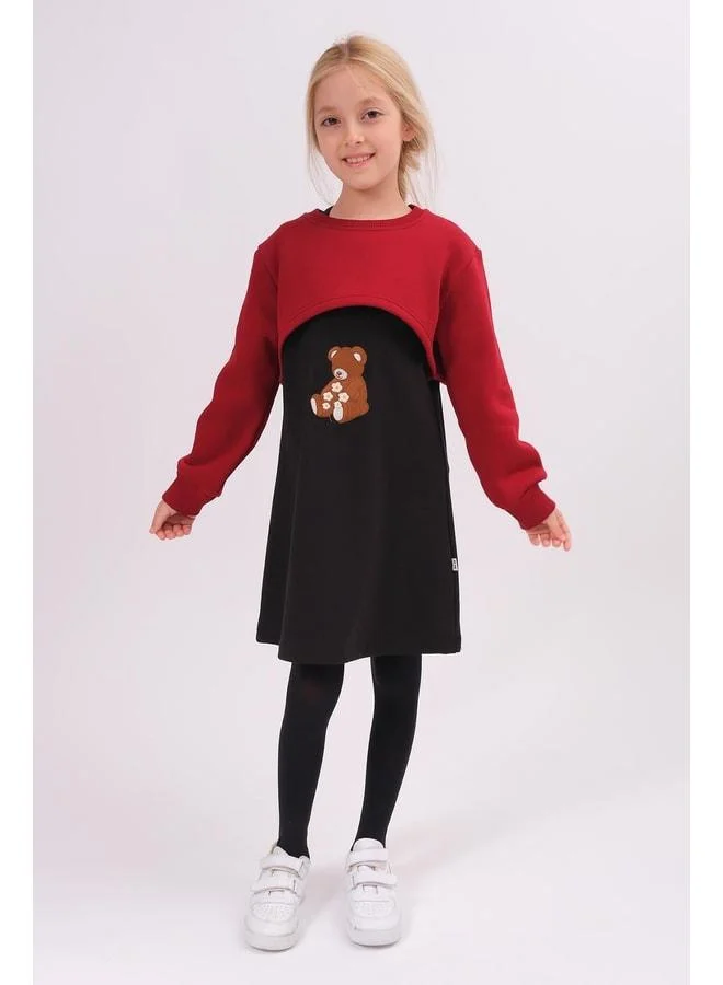Perendi Girl's Teddy Bear Embroidered Dress and Crop Sweatshirt – Burgundy