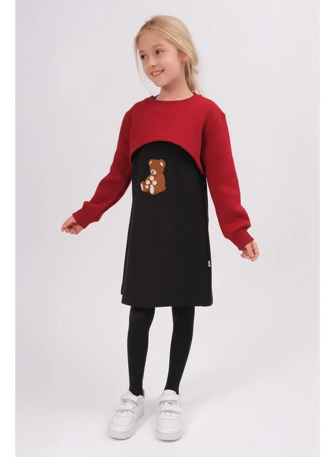 Perendi Girl's Teddy Bear Embroidered Dress and Crop Sweatshirt – Burgundy