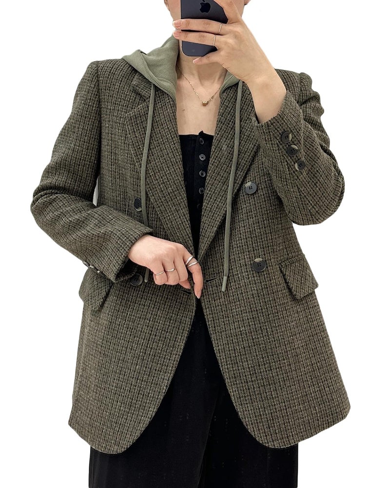 Mina Self Tweed Plaid Blazers for Women Wool Double Breasted Hoodies Long Jacket Blazers for Business Casual Wool Fashion Dressy Hooed Fall Winter Outfits Clothes for Women 2024 LG S - Image 2