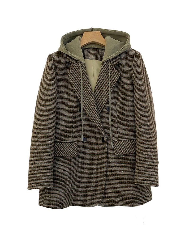 Mina Self Tweed Plaid Blazers for Women Wool Double Breasted Hoodies Long Jacket Blazers for Business Casual Wool Fashion Dressy Hooed Fall Winter Outfits Clothes for Women 2024 LG S - Image 5
