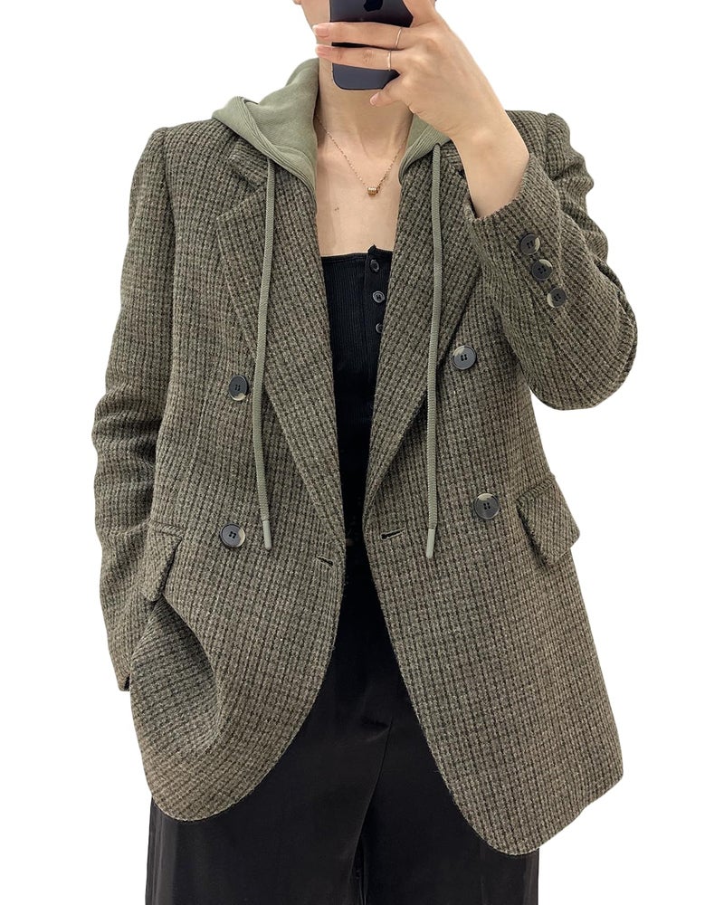 Mina Self Tweed Plaid Blazers for Women Wool Double Breasted Hoodies Long Jacket Blazers for Business Casual Wool Fashion Dressy Hooed Fall Winter Outfits Clothes for Women 2024 LG S - Image 1