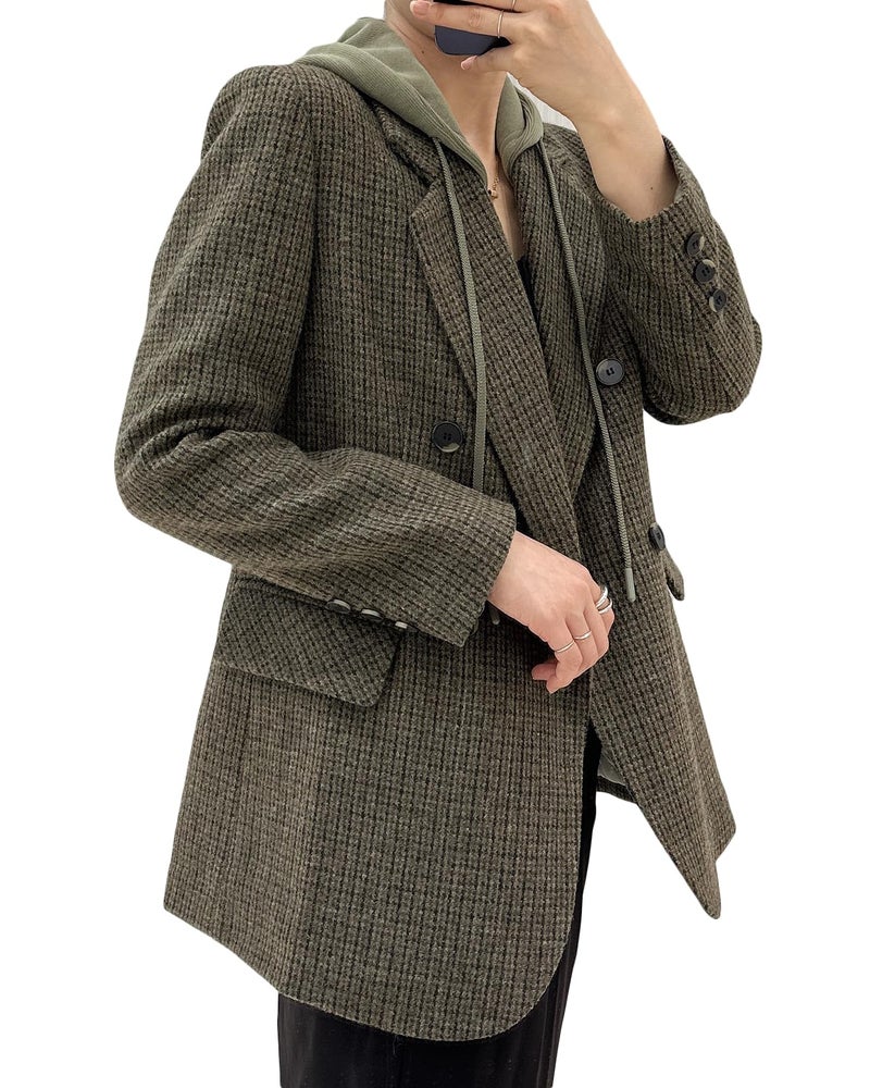 Mina Self Tweed Plaid Blazers for Women Wool Double Breasted Hoodies Long Jacket Blazers for Business Casual Wool Fashion Dressy Hooed Fall Winter Outfits Clothes for Women 2024 LG S - Image 3