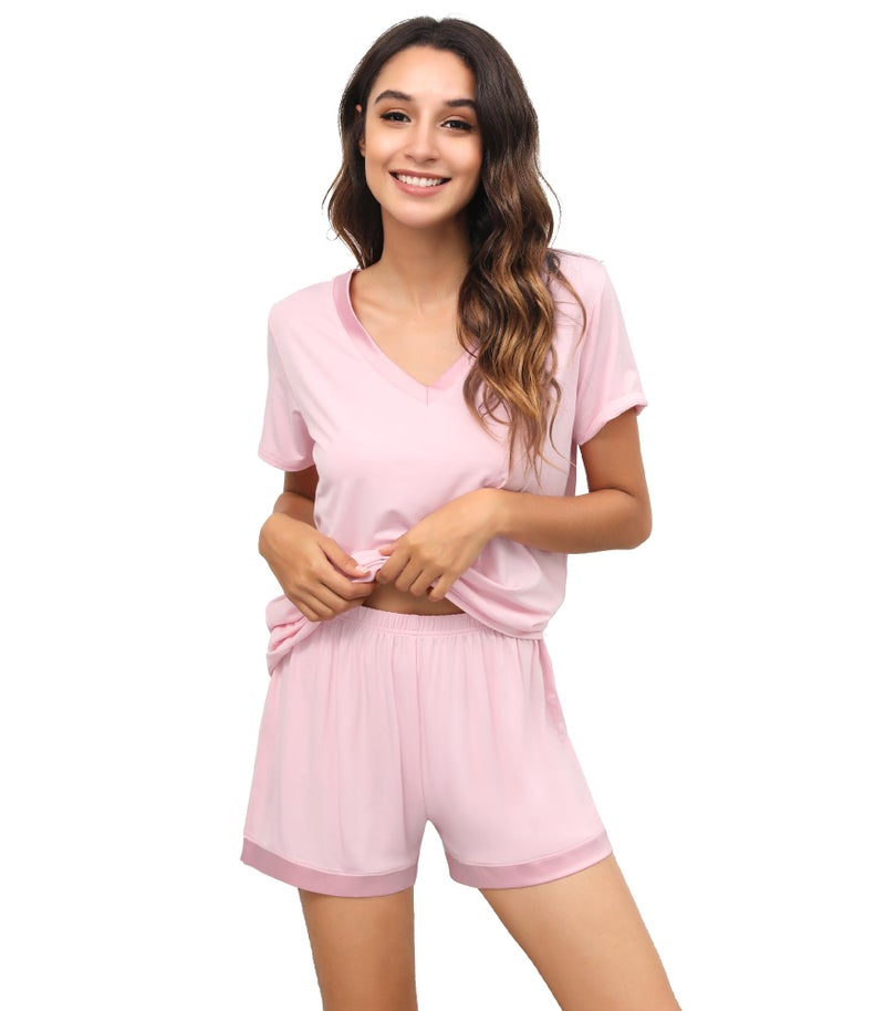 WiWi Bamboo Viscose Pajama Set for Women Soft Short Sleeve Summer Cooling 2 Piece Pjs Sleepwear Plus Size Loungewear Lounge, Pink, X-Large - Image 1