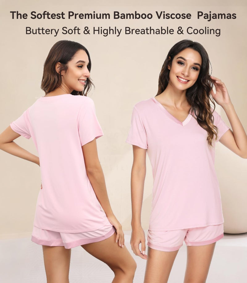 WiWi Bamboo Viscose Pajama Set for Women Soft Short Sleeve Summer Cooling 2 Piece Pjs Sleepwear Plus Size Loungewear Lounge, Pink, X-Large - Image 3