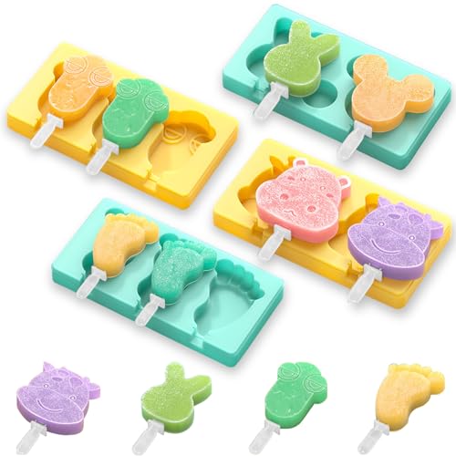 salomayes Kids Cartoon Popsicle Molds - 4 Pack, 10-Cavity Food-Grade Silicone Ice Pop Cream Molds, with Reusable Sticks, Non-Stick Flat Design, Easy Release, Stackable for Space Saving - Image 1
