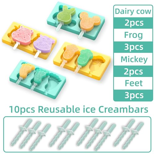salomayes Kids Cartoon Popsicle Molds - 4 Pack, 10-Cavity Food-Grade Silicone Ice Pop Cream Molds, with Reusable Sticks, Non-Stick Flat Design, Easy Release, Stackable for Space Saving - Image 4