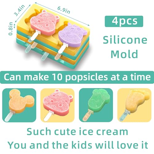 salomayes Kids Cartoon Popsicle Molds - 4 Pack, 10-Cavity Food-Grade Silicone Ice Pop Cream Molds, with Reusable Sticks, Non-Stick Flat Design, Easy Release, Stackable for Space Saving - Image 5