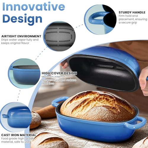 Matscover Cast Iron Dutch Bread Oven - 2.5QT Dutch Oven for Sourdough Bread Baking, Cast Iron Bread Loaf Pan with Lid, Easy Homemade Sourdough Dutch Oven, Blue Oval Bread Baking Pan, Gift for Family & Baker - Image 5