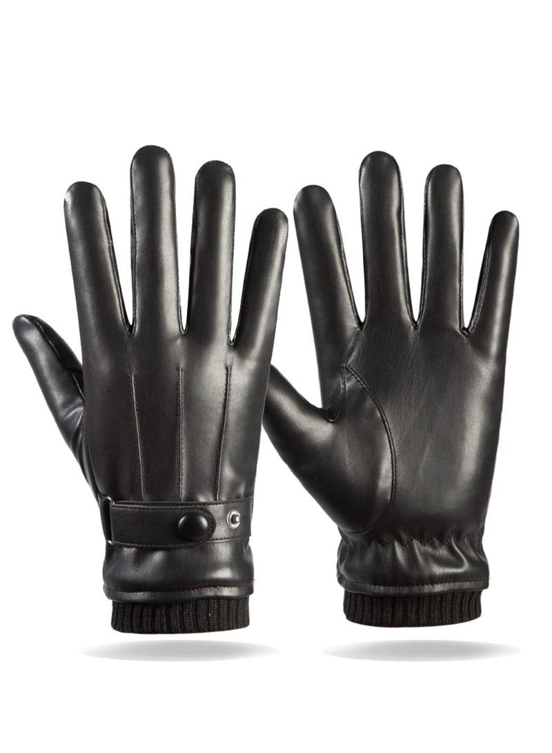 Excefore Men's Winter Warm Touchscreen Leather Gloves Adjustable Thermal Driving PU Leather Gloves  - Image 1