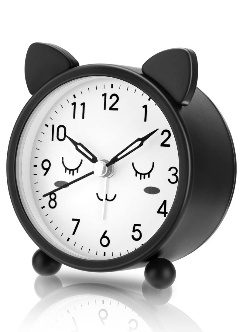 SYOSI Kids Alarm Clock, 3.11" Cute Round Metal Cat Alarm Clock, with Warm Night Light Non-Ticking Classic Alarm Clock Battery Operated Simple Alarm Clock for Girls Boys for Bedroom Bedside Desk Black - Image 1