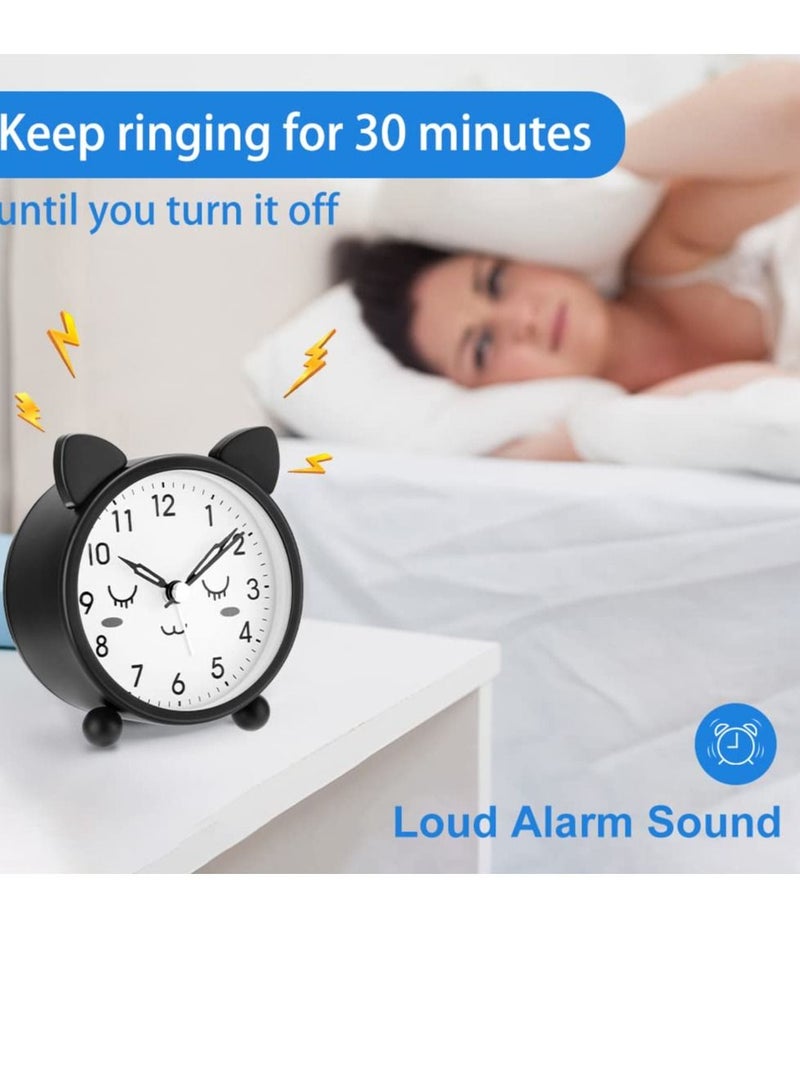 SYOSI Kids Alarm Clock, 3.11" Cute Round Metal Cat Alarm Clock, with Warm Night Light Non-Ticking Classic Alarm Clock Battery Operated Simple Alarm Clock for Girls Boys for Bedroom Bedside Desk Black - Image 2