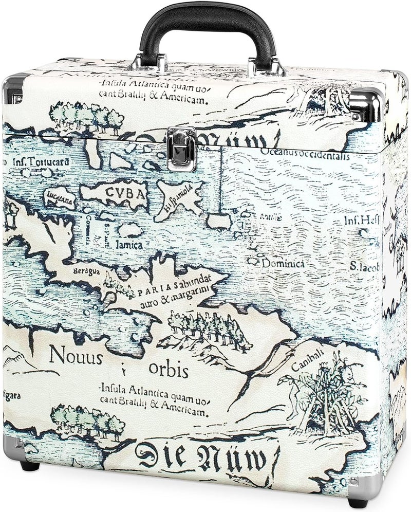 Victrola Vintage Vinyl Record Storage and Carrying Case - Retro Map Design, Holds 30 Albums - Image 3