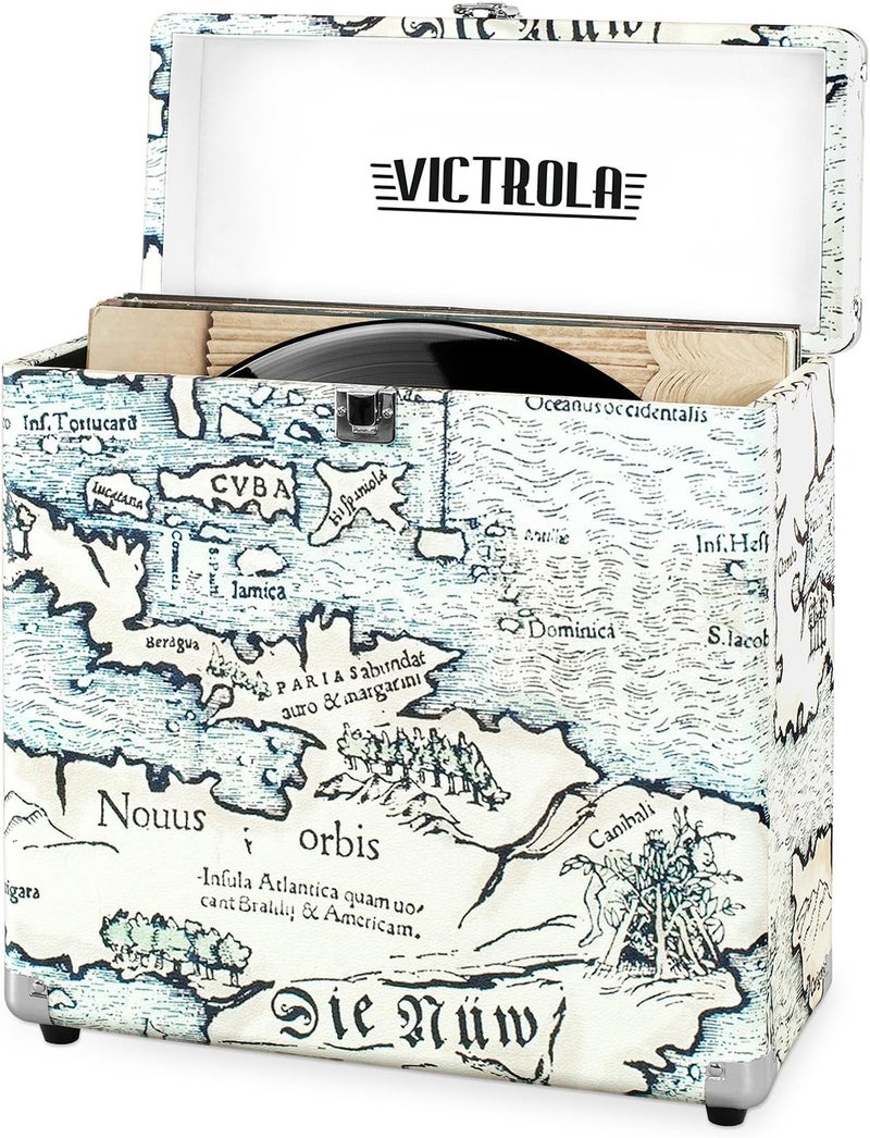 Victrola Vintage Vinyl Record Storage and Carrying Case - Retro Map Design, Holds 30 Albums - Image 1