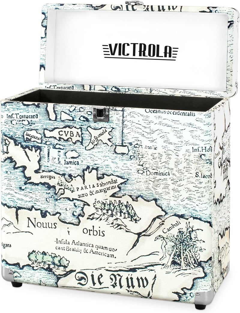 Victrola Vintage Vinyl Record Storage and Carrying Case - Retro Map Design, Holds 30 Albums - Image 4