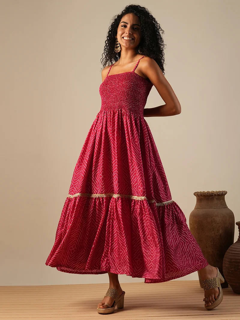 globus Women Square Neck Strappy Shoulder Bandhani Print Smocked Fit & Flare Fusion Maxi Dress