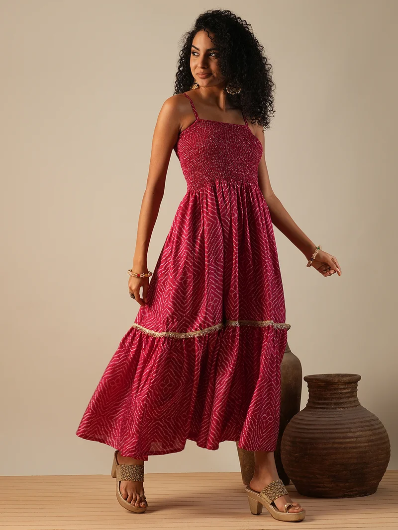 globus Globus Women Square Neck Strappy Shoulder Bandhani Print Smocked Fit & Flare Maxi Festive Dress