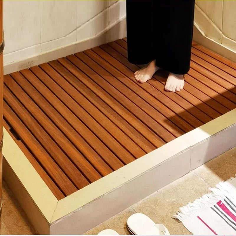 Large Non Skid Teak Wooden Shower Mats, Heavy Duty Square Bath Mats, Raised Comfortable Board, for Spa, Sauna, Pool and Hot Tub, Flooring Decor(31.4x31.4in/80x80cm)