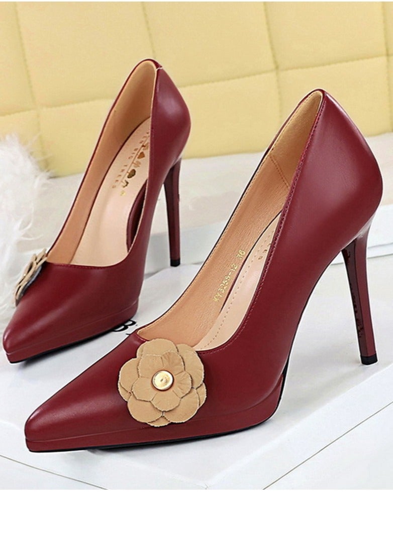 BIGTREE Women's Floral Decoration Party Stiletto Pumps Pointed Closed Toe High Heels Wine Red 11CM - Image 1