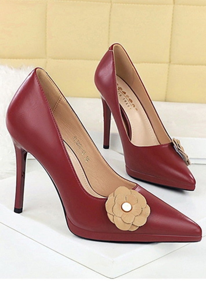BIGTREE Women's Floral Decoration Party Stiletto Pumps Pointed Closed Toe High Heels Wine Red 11CM - Image 2