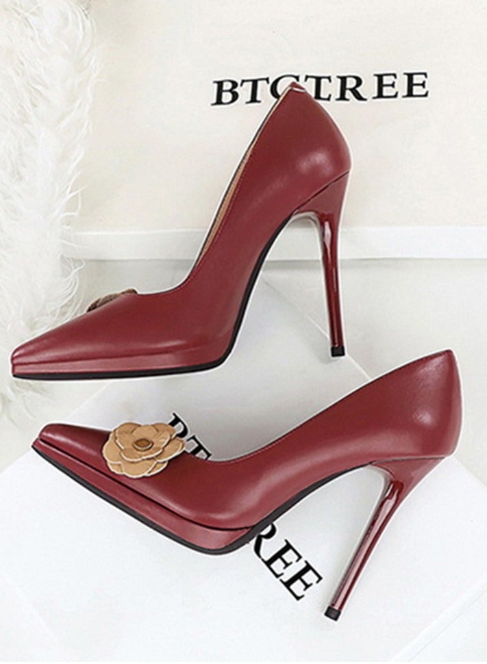 BIGTREE Women's Floral Decoration Party Stiletto Pumps Pointed Closed Toe High Heels Wine Red 11CM - Image 3