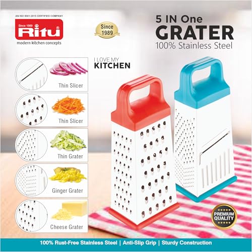 RITU Stainless Steel 5 -in -1 Grater & Slicer with 4 Sides | Heavy Duty Multipurpose Kitchen Tool for Cheese, Vegetables, Ginger, Garlic | Home Cooking Essential Grater & Slicer for Daily Use - Image 4