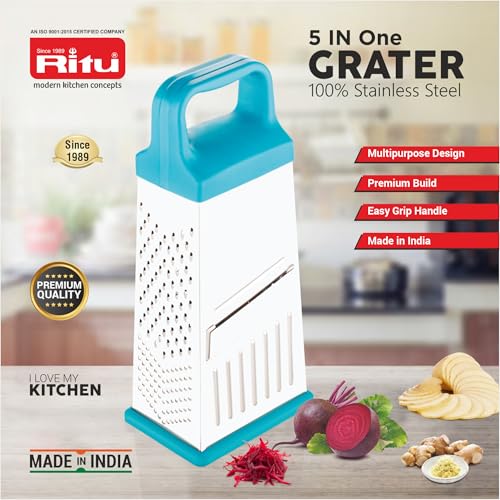 RITU Stainless Steel 5 -in -1 Grater & Slicer with 4 Sides | Heavy Duty Multipurpose Kitchen Tool for Cheese, Vegetables, Ginger, Garlic | Home Cooking Essential Grater & Slicer for Daily Use - Image 2