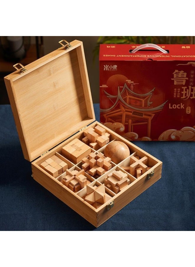 Generic - Luban Lock Kongming Lock Beech Wood Unlock Unleash Unleash Children's Educational Assembled Building Blocks Toys For Boys And Elementary School Students Cheap-Color:[high-end Wooden Box] 9-piece Set C (recommended For Junior High School Students) - Image 1