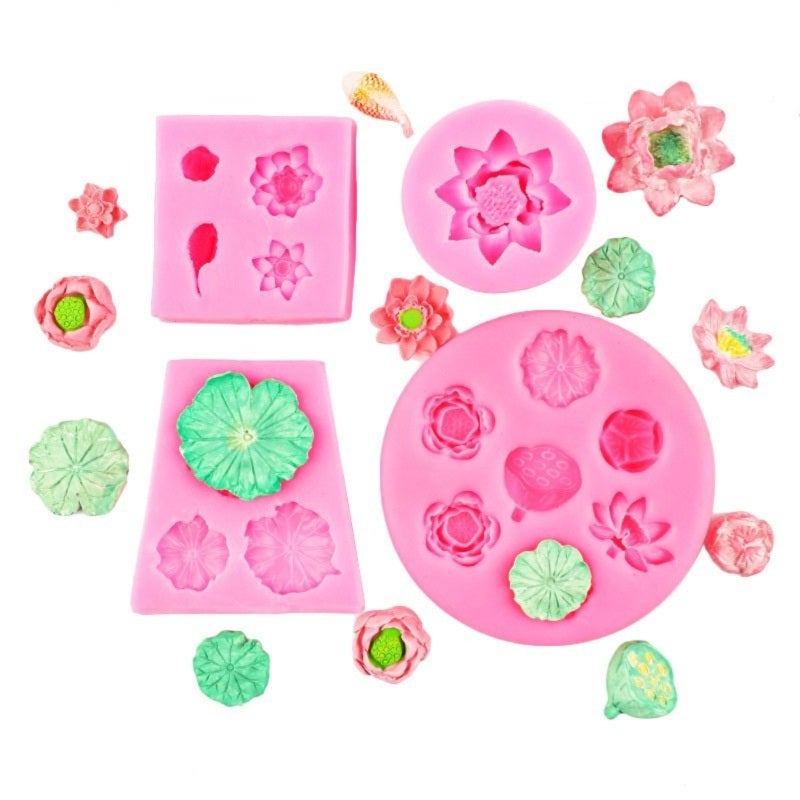 Lotus Silicone Mold: 4-Piece Pink Non-Stick Set - Effortless Release Extreme Temperature Resilience Fondant Mold Set for Cake Decoration Chocolate Candy Making Cupcake Toppers - Image 1