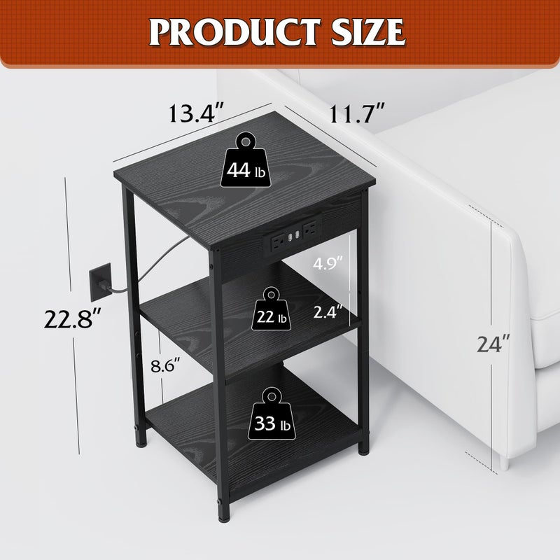 WLIVE Black End Table with Charging Station, Slim Night Stand with 3 Storage Shelves, Small Side Tables for Small Spaces, Bedside Tables for Living Room, Bedroom - Image 2