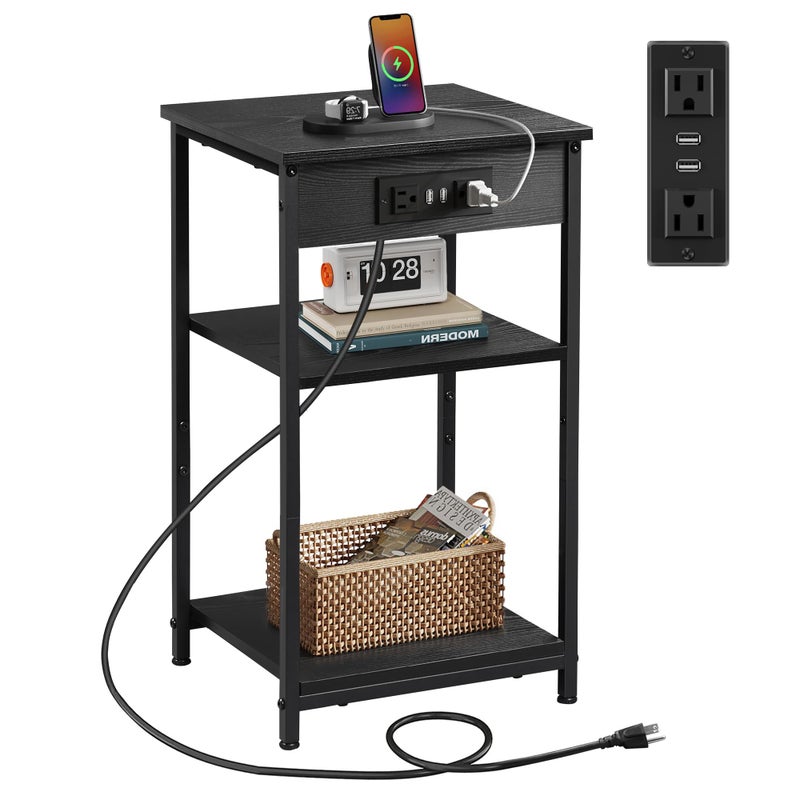 WLIVE Black End Table with Charging Station, Slim Night Stand with 3 Storage Shelves, Small Side Tables for Small Spaces, Bedside Tables for Living Room, Bedroom - Image 1