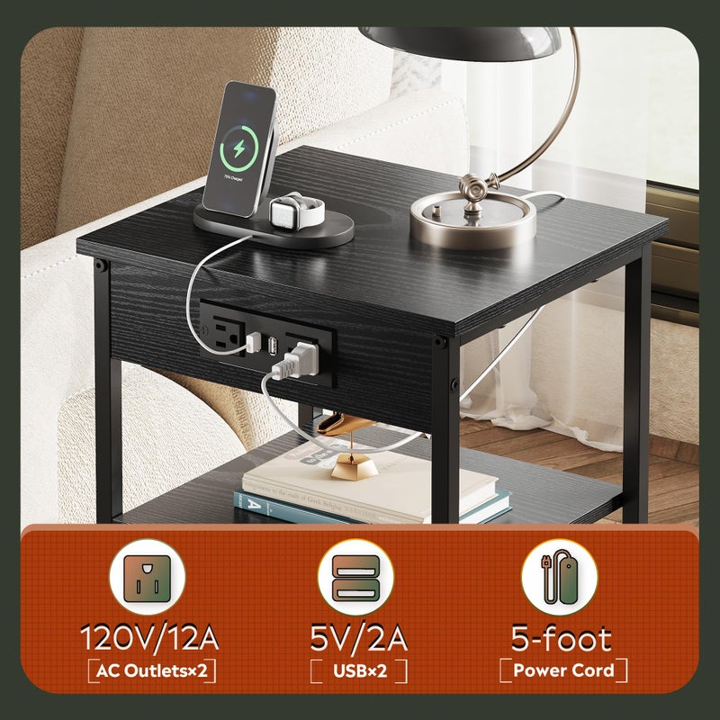 WLIVE Black End Table with Charging Station, Slim Night Stand with 3 Storage Shelves, Small Side Tables for Small Spaces, Bedside Tables for Living Room, Bedroom - Image 4