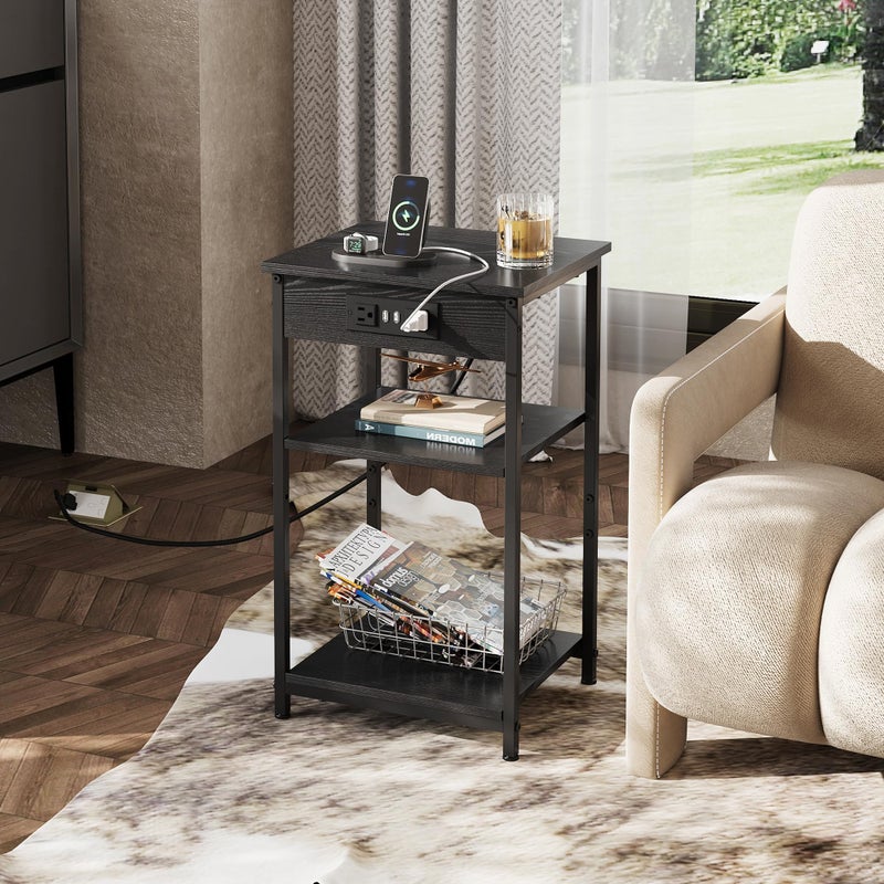 WLIVE Black End Table with Charging Station, Slim Night Stand with 3 Storage Shelves, Small Side Tables for Small Spaces, Bedside Tables for Living Room, Bedroom - Image 5