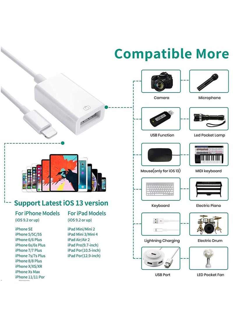 DUSALA - USB Camera Adapter for Apple Lightning to USB 3.0, OTG Cable Adapter for iPhone USB Female Supports Connect Card Reader U Disk Keyboard Mouse USB Flash Drive - Image 1