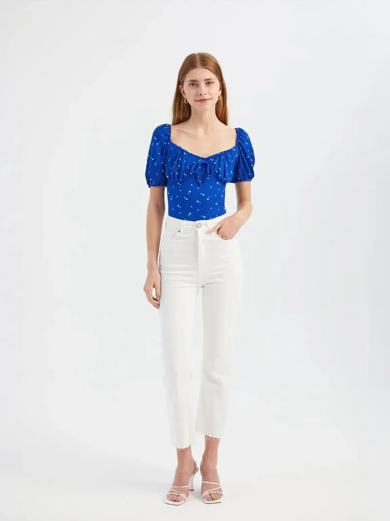 HICCUP Floral Sweetheart Neck Short Sleeve Blouse