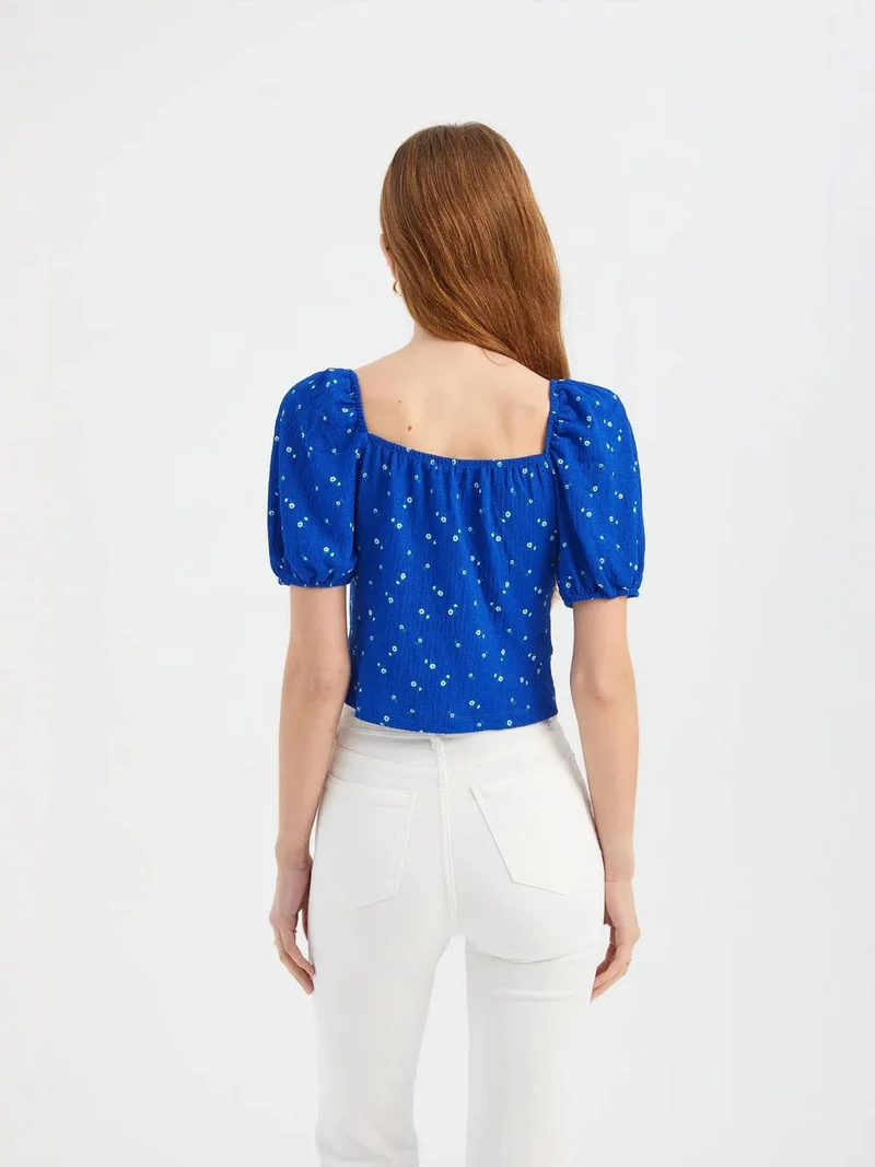 HICCUP Floral Sweetheart Neck Short Sleeve Blouse