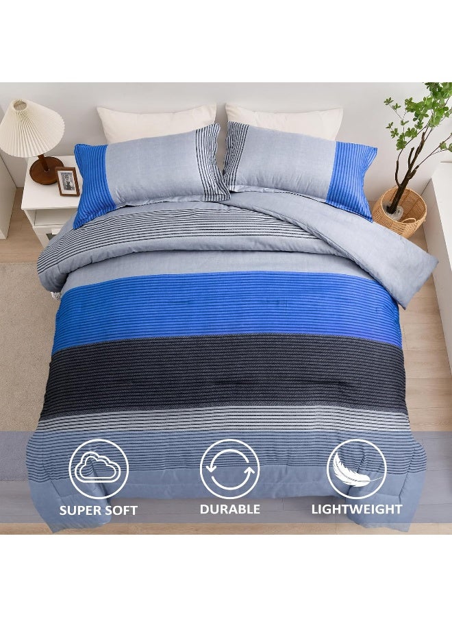 WONGS BEDDING Blue Stripe Comforter Set Full Reversible Grey Blue Patchwork Comforter Set for Full Bed, 3 Pieces (1 Comforter+2 Pillowcase), Soft Microfiber Filling Duvet Set 78”×90” - Image 3