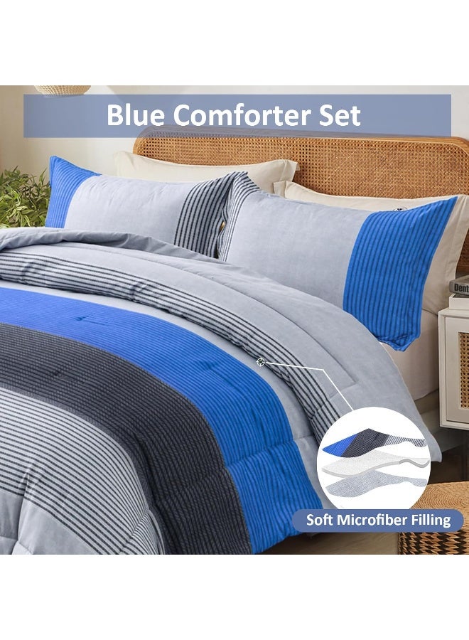 WONGS BEDDING Blue Stripe Comforter Set Full Reversible Grey Blue Patchwork Comforter Set for Full Bed, 3 Pieces (1 Comforter+2 Pillowcase), Soft Microfiber Filling Duvet Set 78”×90” - Image 4