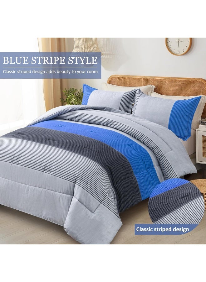 WONGS BEDDING Blue Stripe Comforter Set Full Reversible Grey Blue Patchwork Comforter Set for Full Bed, 3 Pieces (1 Comforter+2 Pillowcase), Soft Microfiber Filling Duvet Set 78”×90” - Image 2