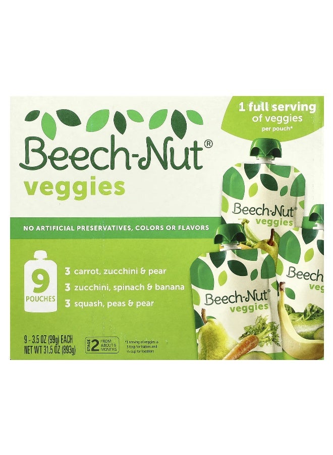 Beech-Nut بيتش-نات، خضروات، 6+ أشهر، مجموعة متنوعة، 9 أكياس، 3.5 أونصة (99 جرام) لكل منها - Image 1