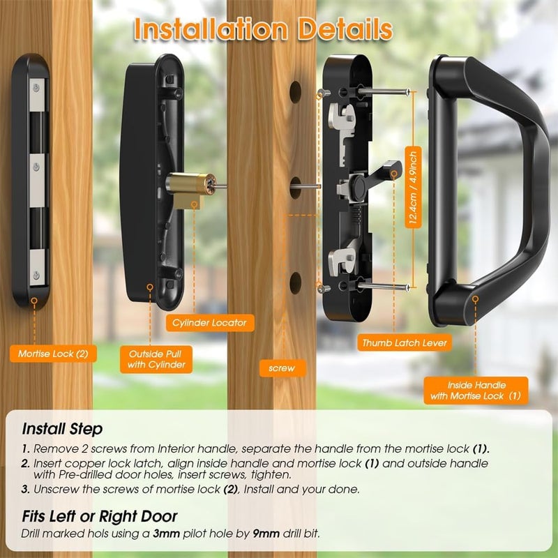 Sliding Glass Patio Door Handle with Lock, Keyed Security Lock Set for 0.75-1.4in Doors, 4-15/16" Screw-B, for Sliding Doors - Image 5