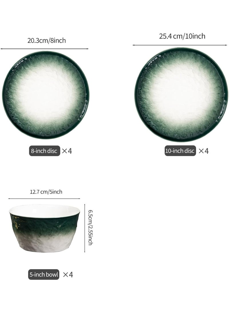 السرعوف الذهبية مجموعة من 12 طبق ووعاء من السيراميك باللون الأخضر المتدرج - أطباق مقاس 25.4 سم و20.32 سم، أوعية مقاس 12.7 سم - ميكروويف، غسالة أطباق، آمنة للفرن - أدوات مائدة متدرجة أنيقة لتناول الطعام والتقديم - Image 3