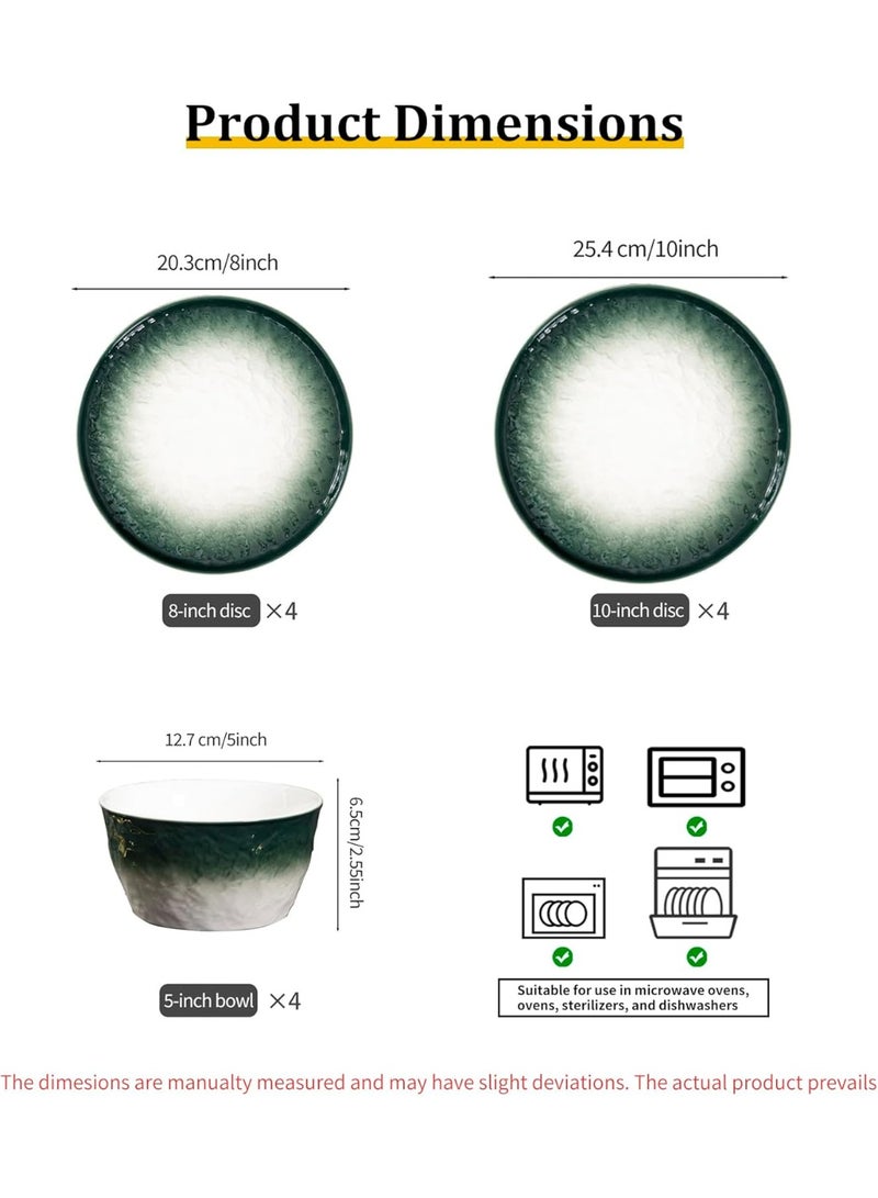 السرعوف الذهبية مجموعة من 12 طبق ووعاء من السيراميك باللون الأخضر المتدرج - أطباق مقاس 25.4 سم و20.32 سم، أوعية مقاس 12.7 سم - ميكروويف، غسالة أطباق، آمنة للفرن - أدوات مائدة متدرجة أنيقة لتناول الطعام والتقديم - Image 4