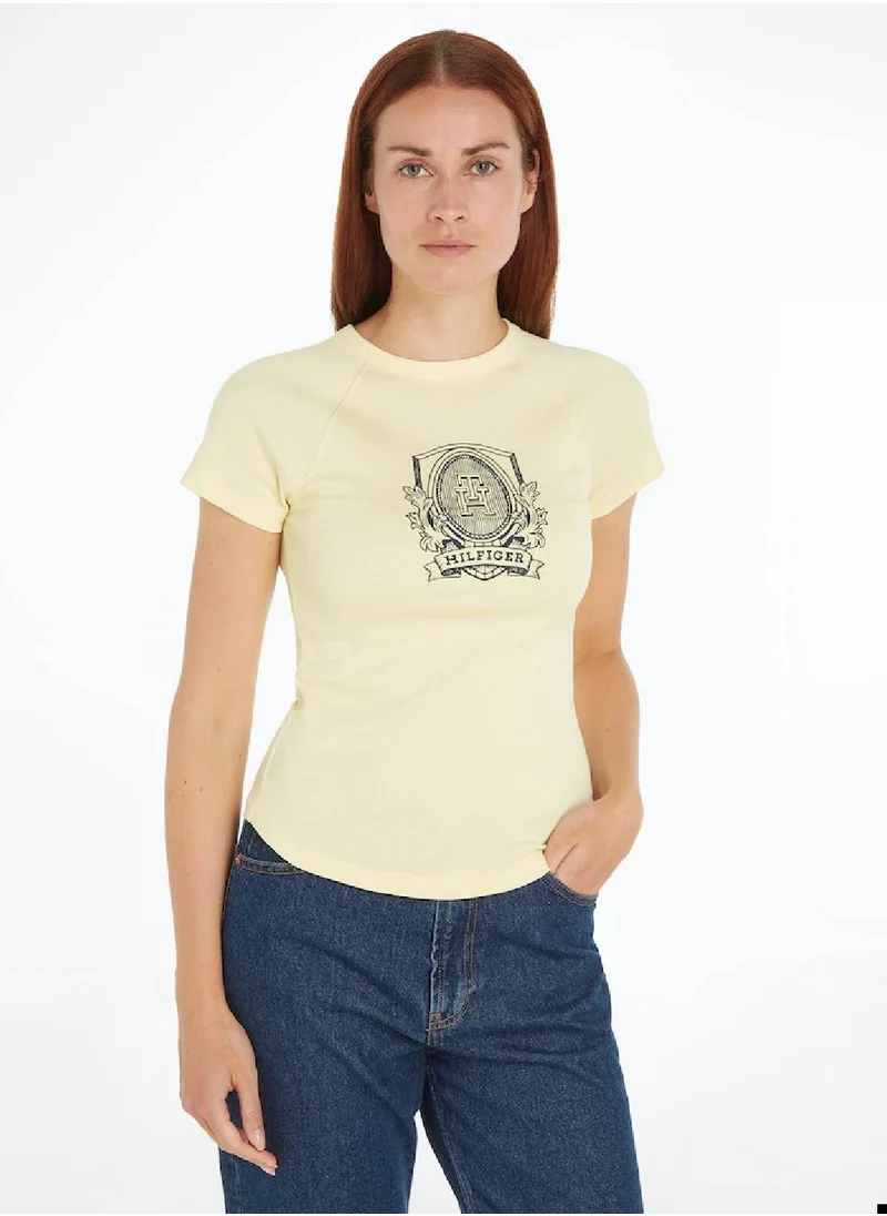 TOMMY HILFIGER Women's Slim Raglan Crest Short Sleeve T-Shirt - Cotton, Yellow