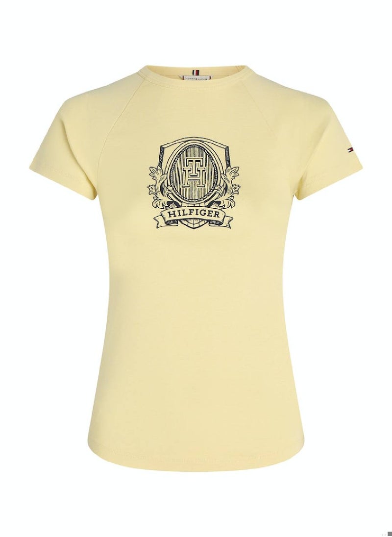 TOMMY HILFIGER Women's Slim Raglan Crest Short Sleeve T-Shirt - Cotton, Yellow  - Image 2
