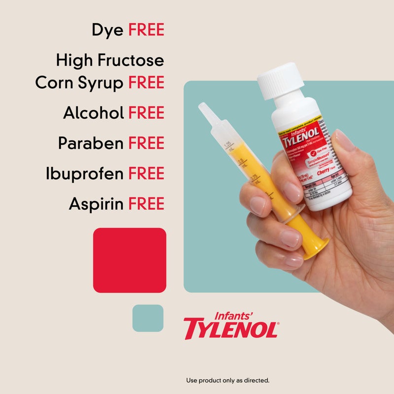 Tylenol Infants Oral Suspension Liquid Medicine with Acetaminophen, Baby Fever Reducer  Pain Reliever for Minor Aches  Pains, Sore Throat, Headache  Teething Pain, Dye-Free Cherry, 1 fl. oz - Image 3