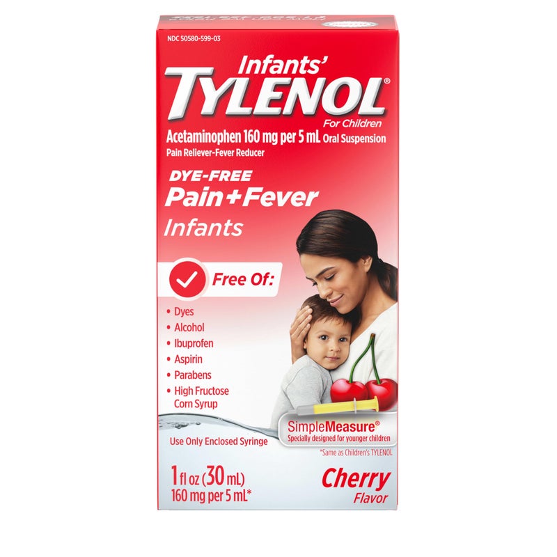 Tylenol Infants Oral Suspension Liquid Medicine with Acetaminophen, Baby Fever Reducer  Pain Reliever for Minor Aches  Pains, Sore Throat, Headache  Teething Pain, Dye-Free Cherry, 1 fl. oz - Image 1