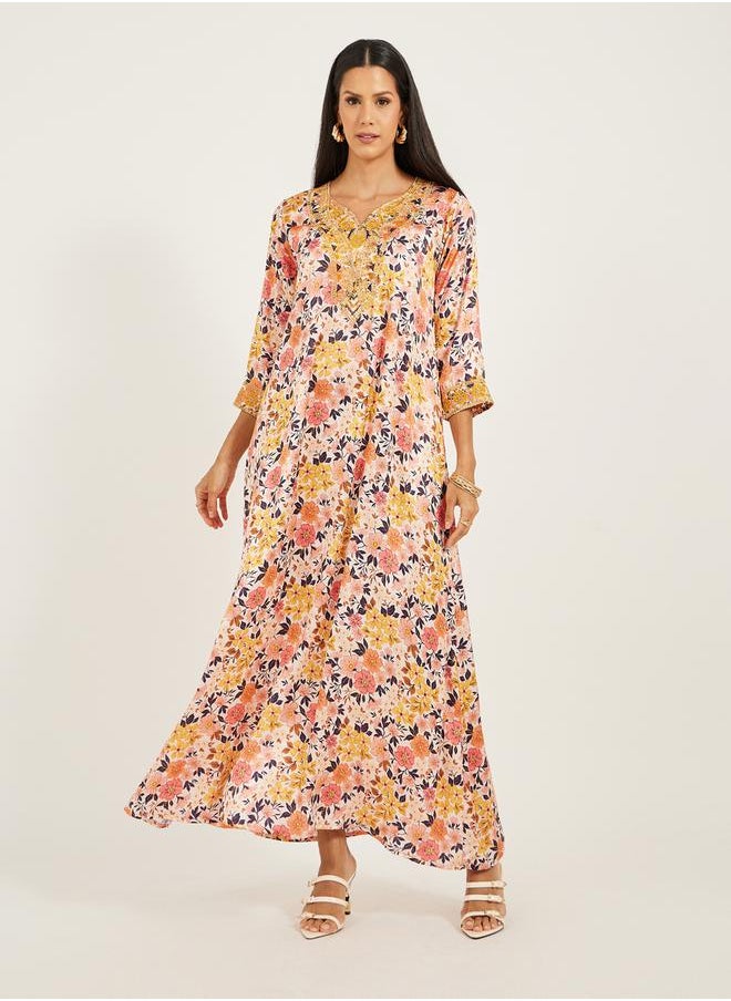 Maxim Creation Printed Embroidered V-Neck A-Line Kaftan by Styli  - Image 1
