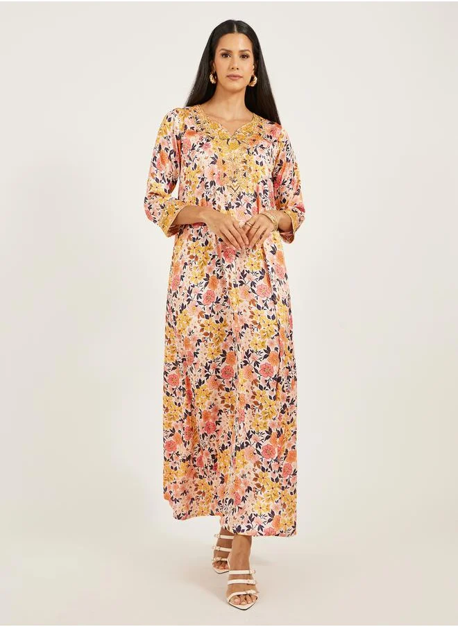 Maxim Creation Printed Embroidered V-Neck A-Line Kaftan